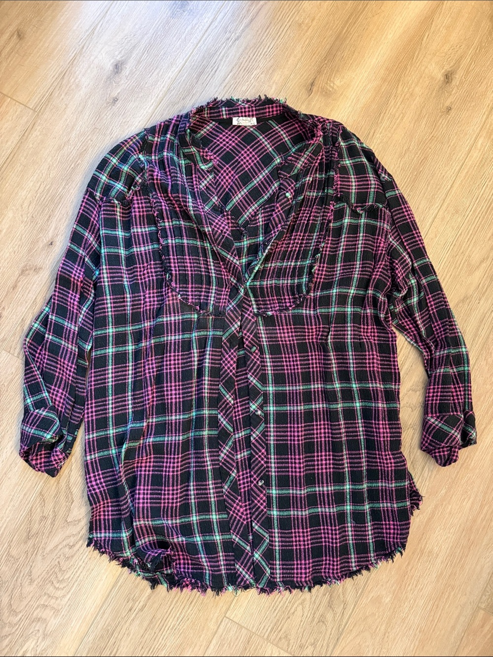 Free People Black, Pink & Teal Plaid Button-Down Shirt/Tunic